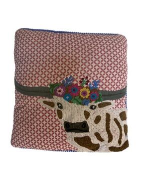 Karma Living Pink Cow Embroidered 15” Square Modern Western Boho Accent Pillow